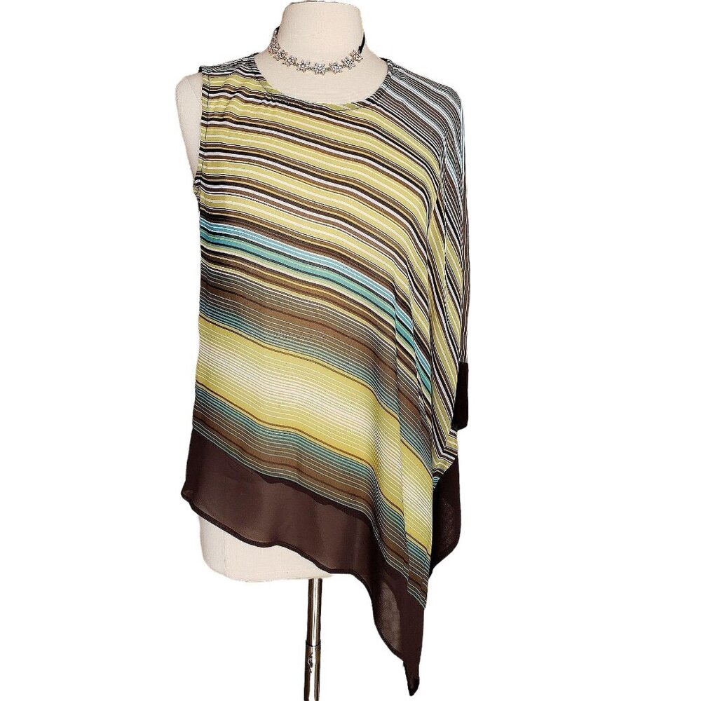 Ronen Chen Sleeveless Blouse 6 Chic Boho Asymmetrical Striped Earthy Artsey - Picture 2 of 6